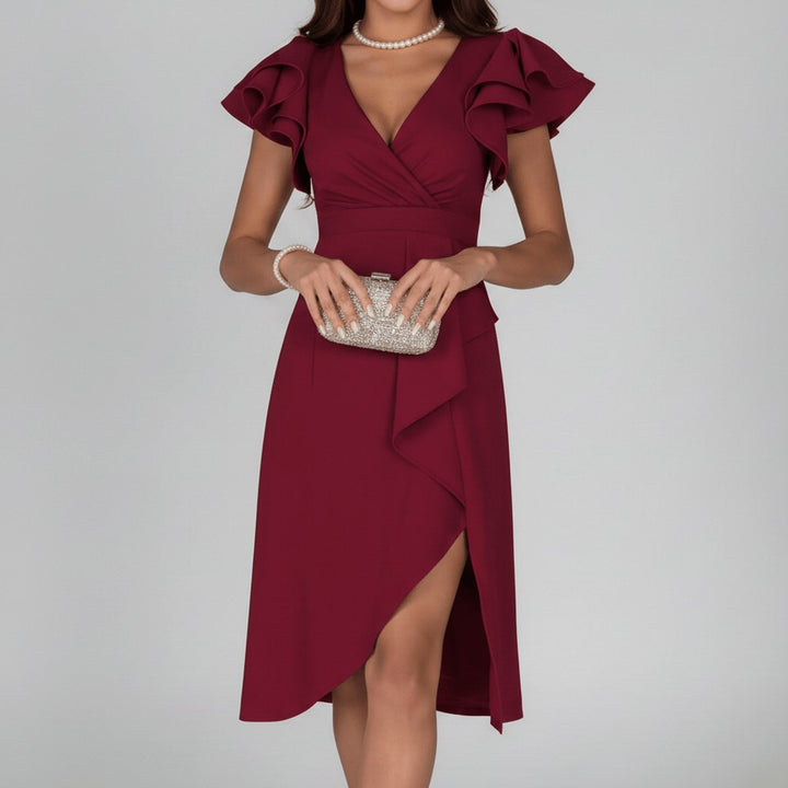Aaliyah | Relaxed Ruffle Sleeve Wrap Cocktail Dress Asymmetric Midi
