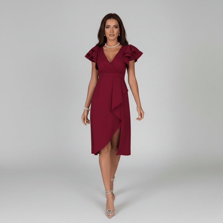 Aaliyah | Relaxed Ruffle Sleeve Wrap Cocktail Dress Asymmetric Midi
