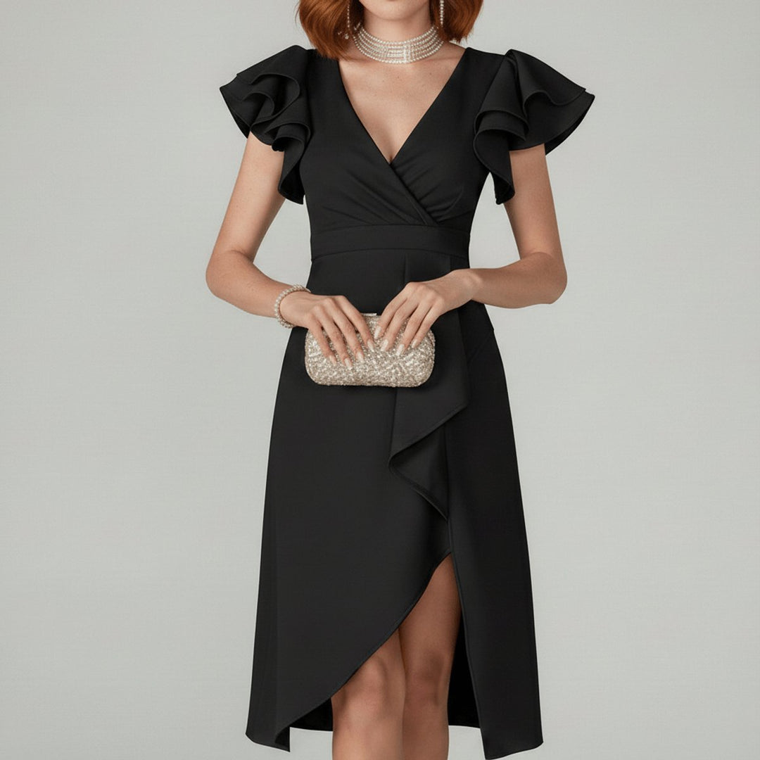 Aaliyah | Relaxed Ruffle Sleeve Wrap Cocktail Dress Asymmetric Midi