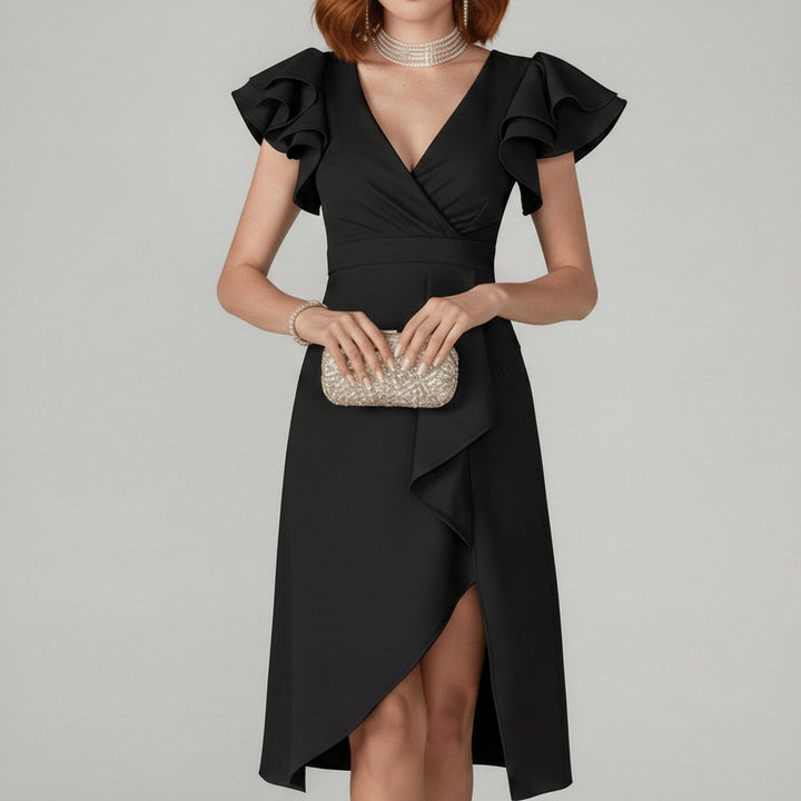 Aaliyah | Relaxed Ruffle Sleeve Wrap Cocktail Dress Asymmetric Midi