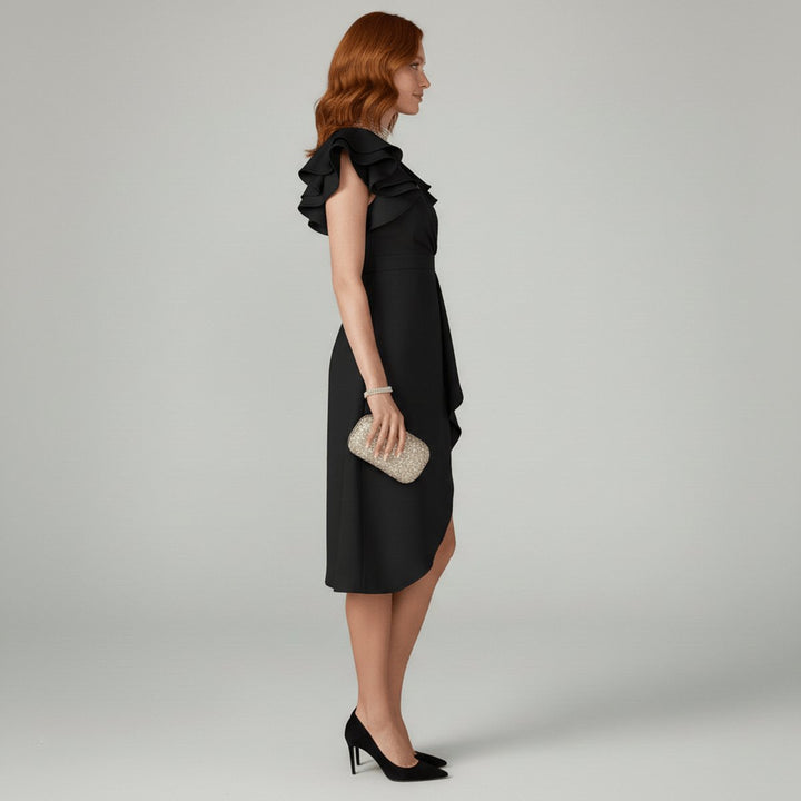 Aaliyah | Relaxed Ruffle Sleeve Wrap Cocktail Dress Asymmetric Midi