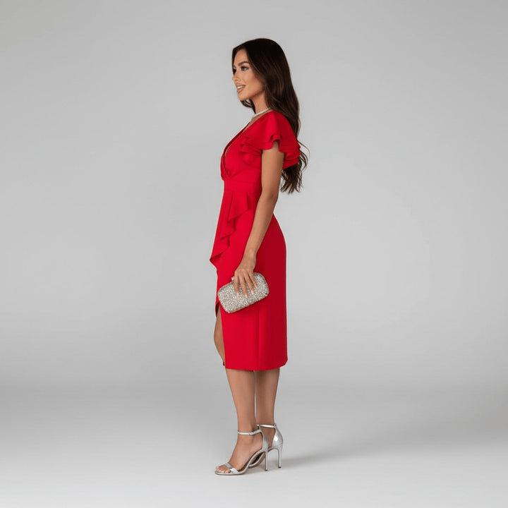 Aaliyah | Relaxed Ruffle Sleeve Wrap Cocktail Dress Asymmetric Midi