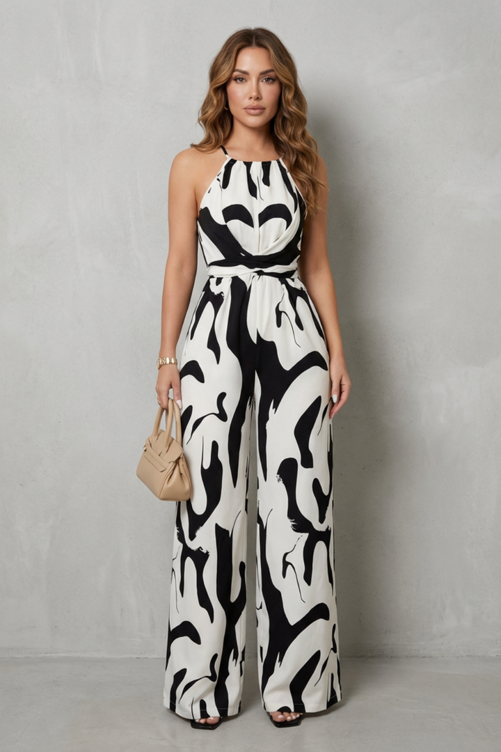 Abigail | Elegant Abstract Print Halter Wide-Leg Jumpsuit