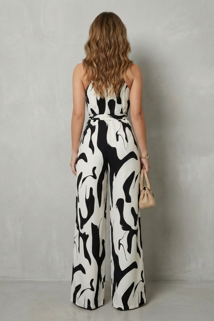 Abigail | Elegant Abstract Print Halter Wide-Leg Jumpsuit