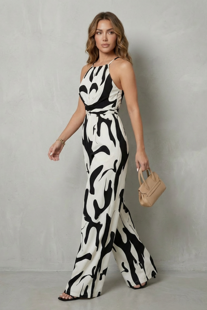 Abigail | Elegant Abstract Print Halter Wide-Leg Jumpsuit