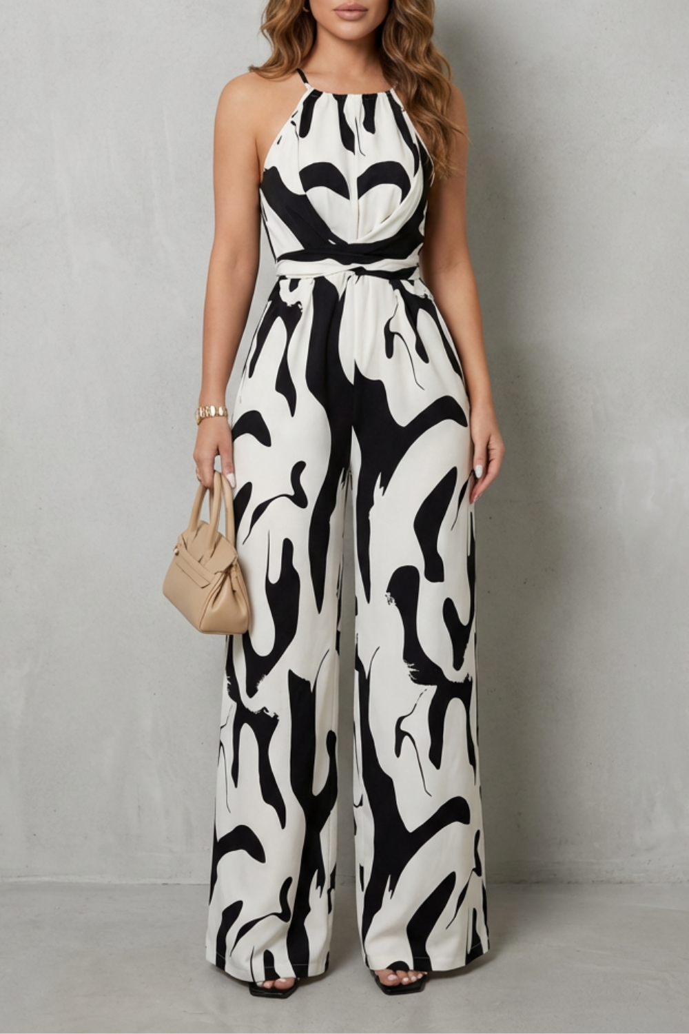 Abigail | Elegant Abstract Print Halter Wide-Leg Jumpsuit