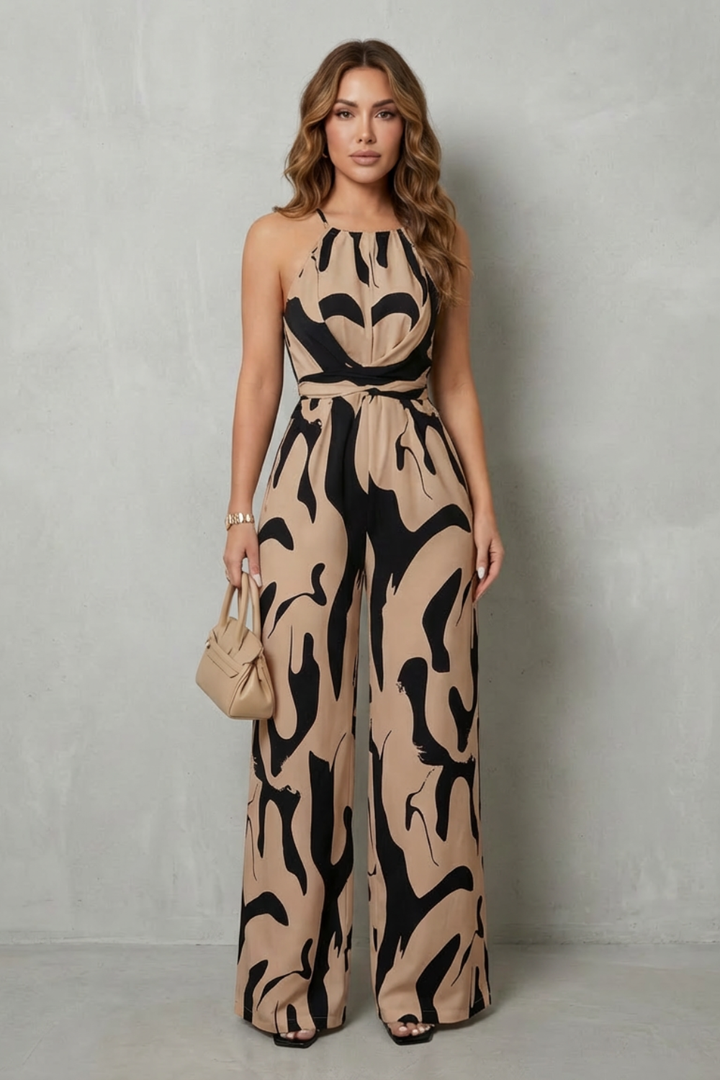 Abigail | Elegant Abstract Print Halter Wide-Leg Jumpsuit