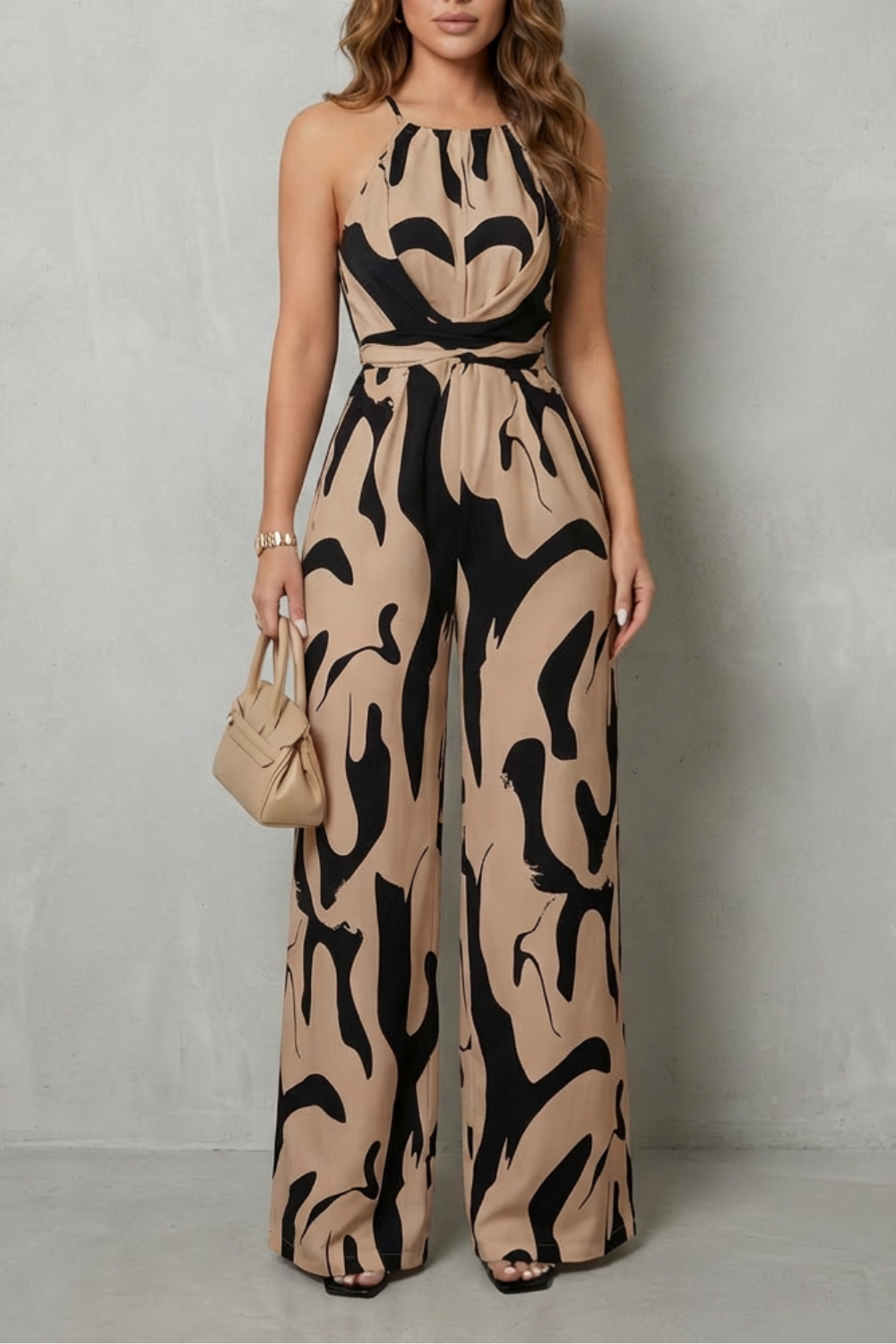 Abigail | Elegant Abstract Print Halter Wide-Leg Jumpsuit