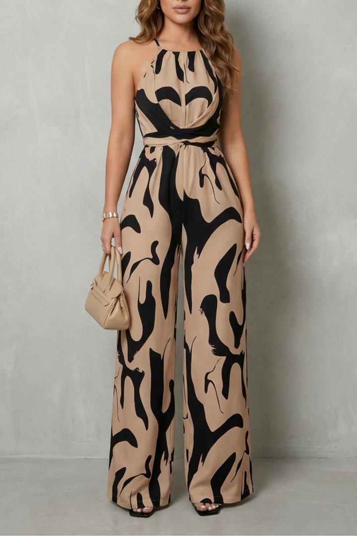 Abigail | Elegant Abstract Print Halter Wide-Leg Jumpsuit
