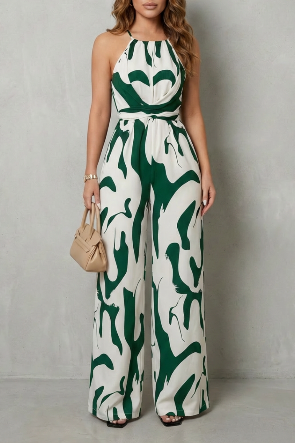 Abigail | Elegant Abstract Print Halter Wide-Leg Jumpsuit