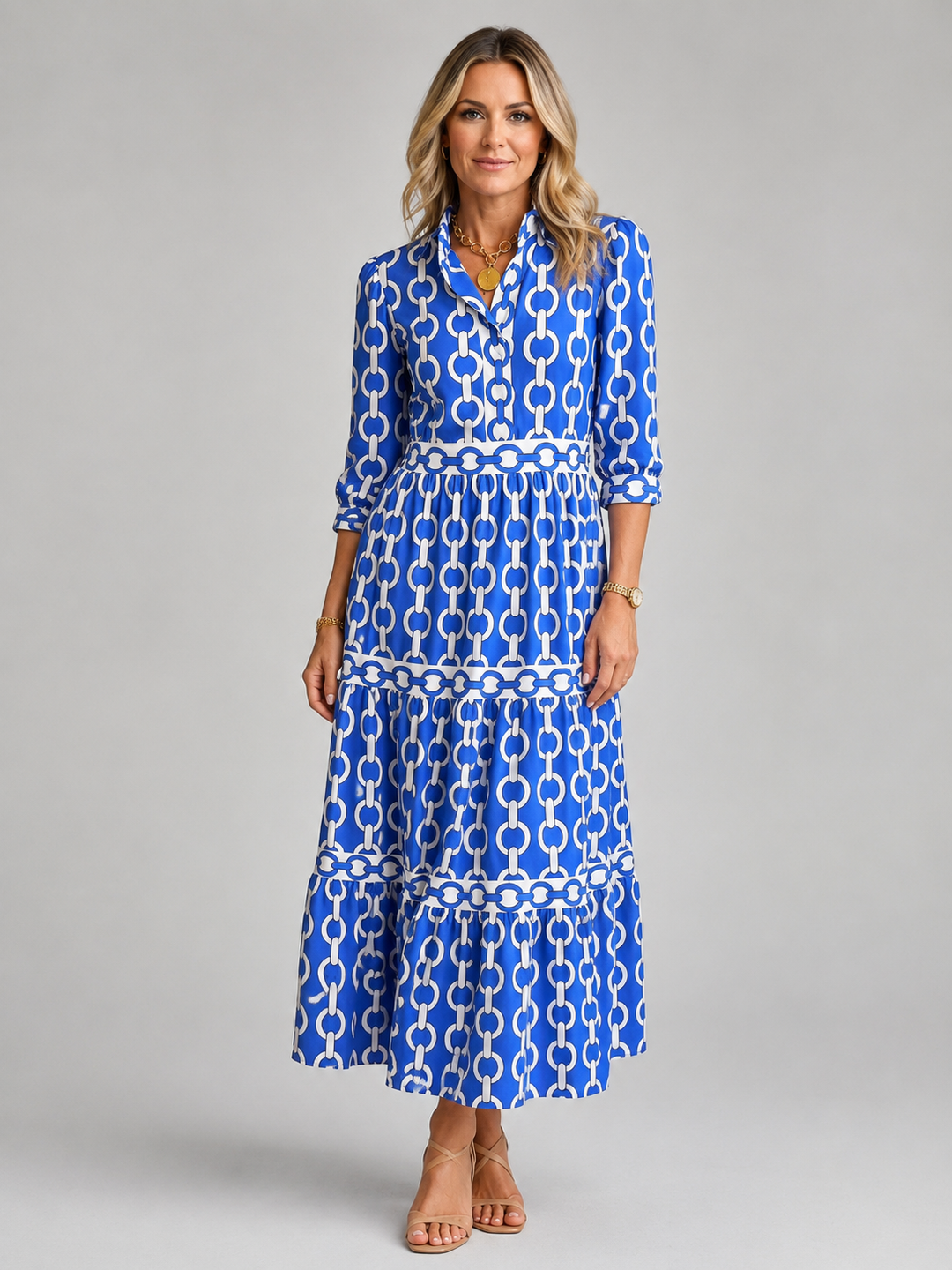 Abigail | Elegant Chain Print Tiered Midi Casual Dress