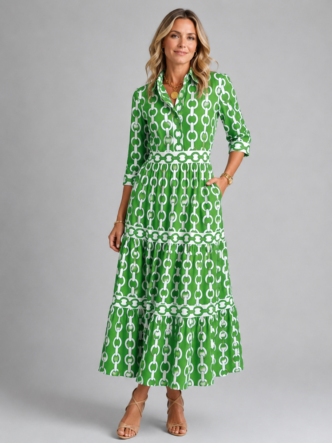 Abigail | Elegant Chain Print Tiered Midi Casual Dress