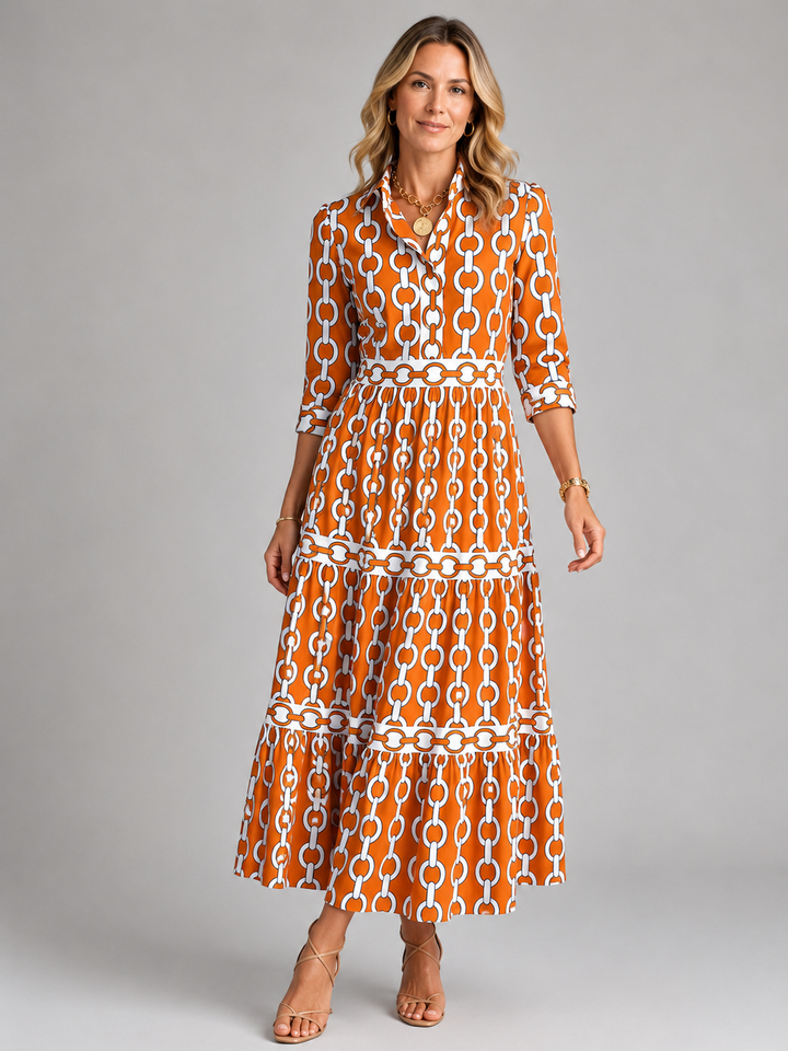 Abigail | Elegant Chain Print Tiered Midi Casual Dress