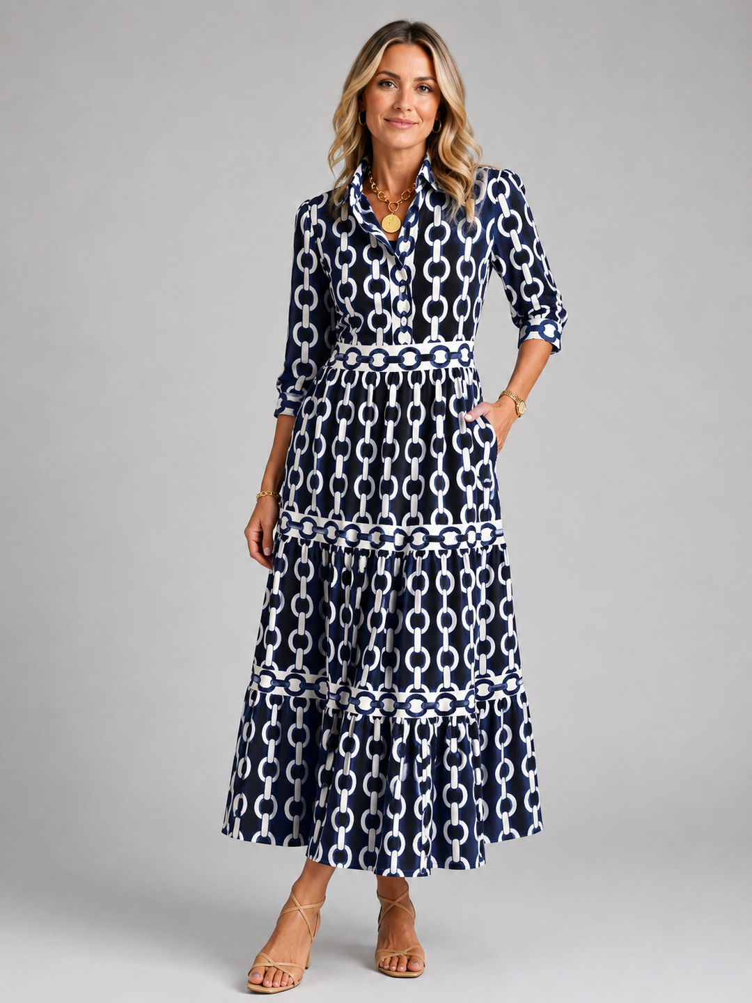 Abigail | Elegant Chain Print Tiered Midi Casual Dress