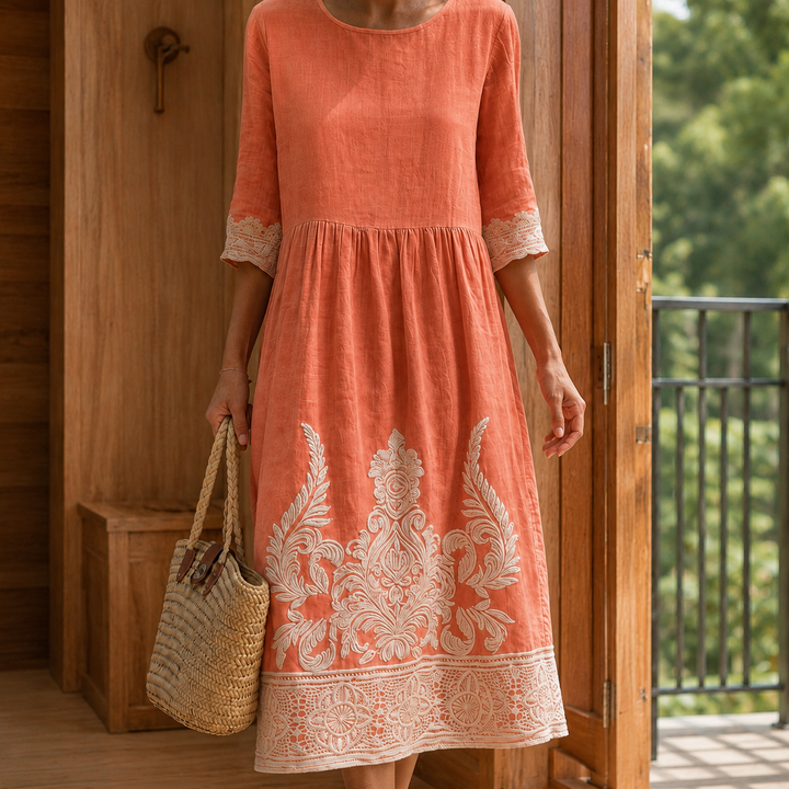 Abigail | Elegant Embroidered Three Quarter Sleeve Midi Dress