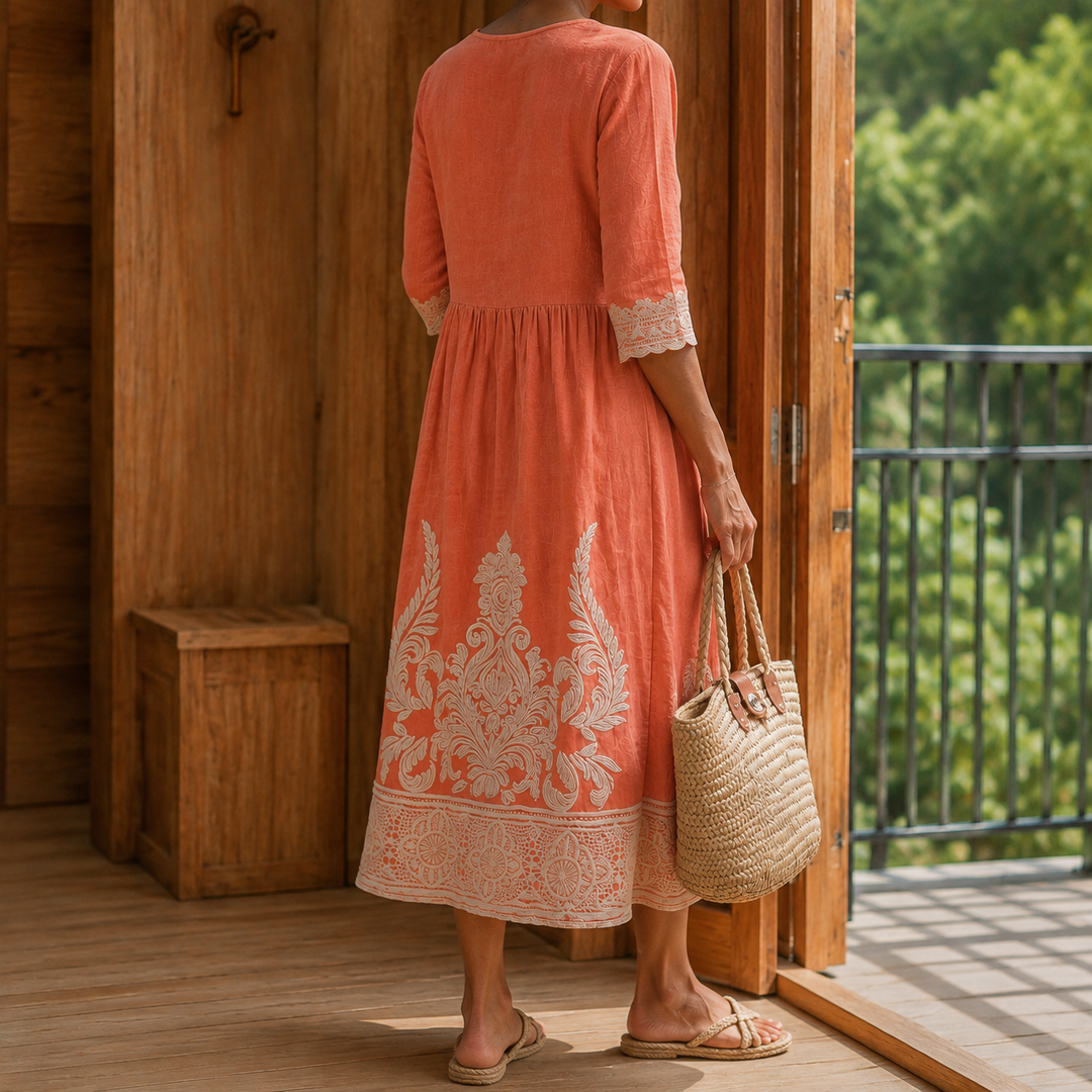 Abigail | Elegant Embroidered Three Quarter Sleeve Midi Dress
