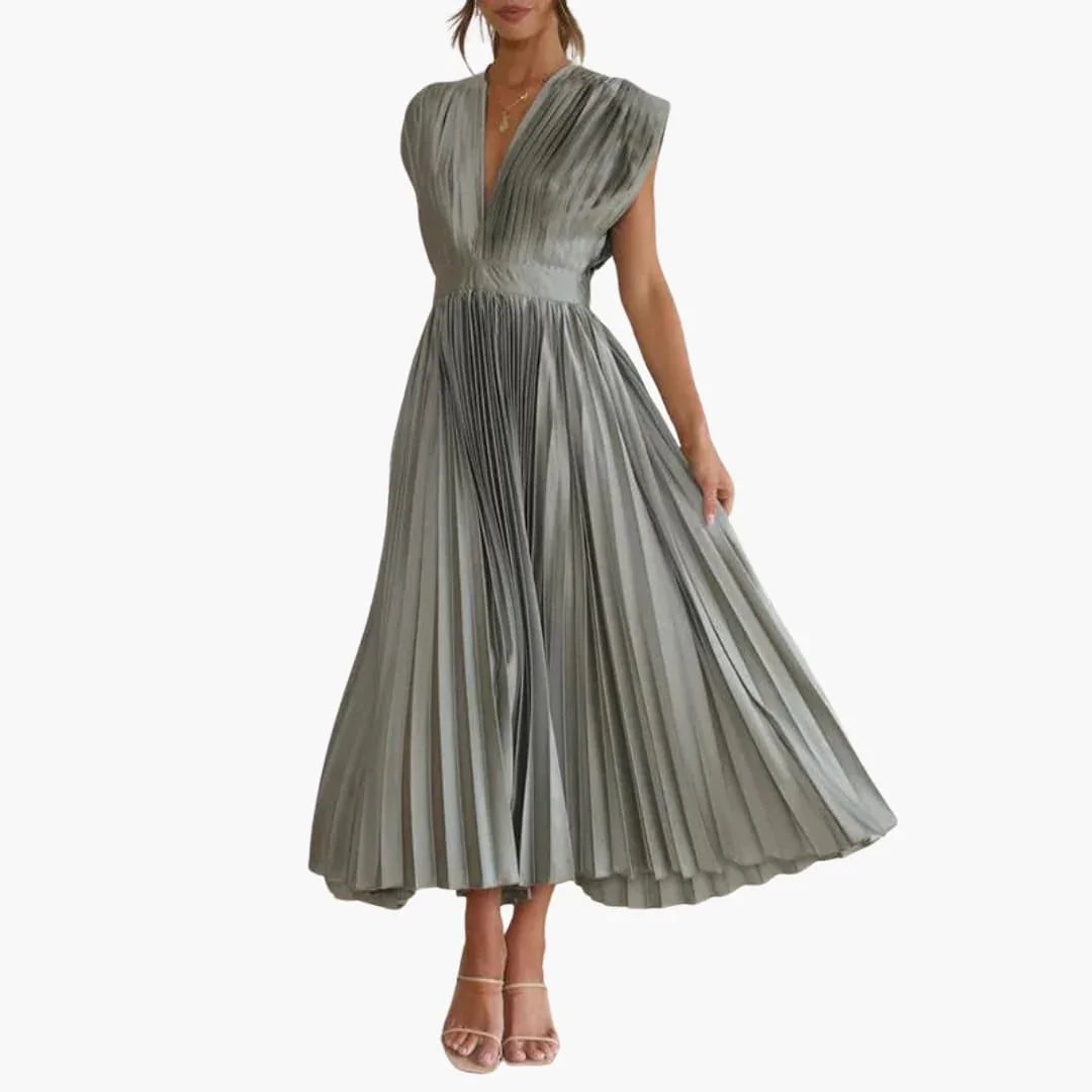 Abigail | Sophisticated Pleated V-Neck Midi Races Dress