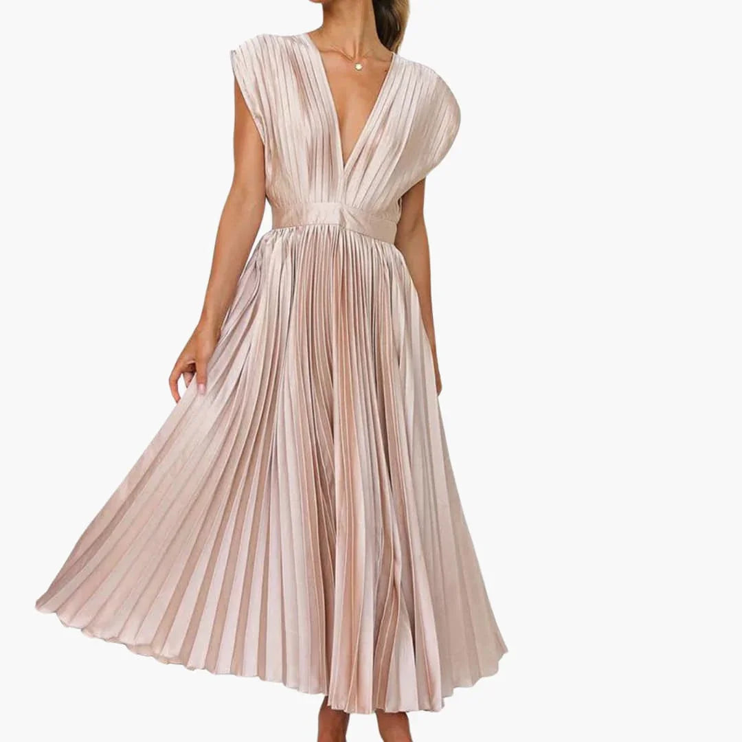 Abigail | Sophisticated Pleated V-Neck Midi Races Dress