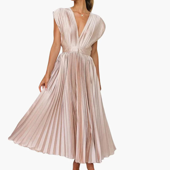 Abigail | Sophisticated Pleated V-Neck Midi Races Dress