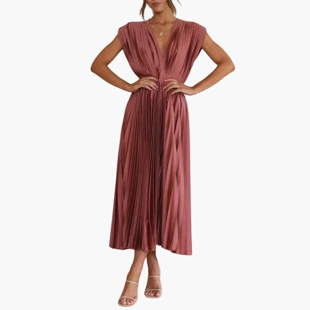 Abigail | Sophisticated Pleated V-Neck Midi Races Dress