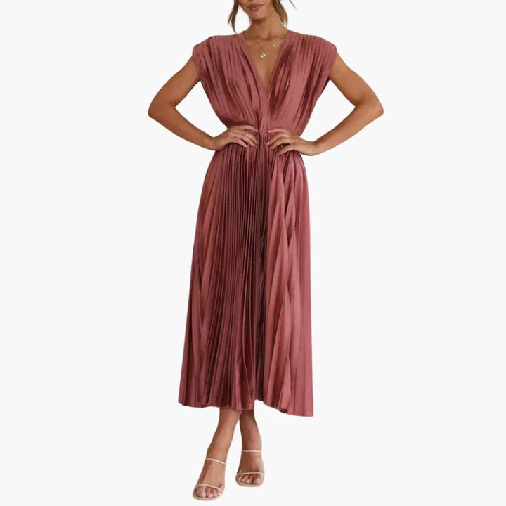 Abigail | Sophisticated Pleated V-Neck Midi Races Dress