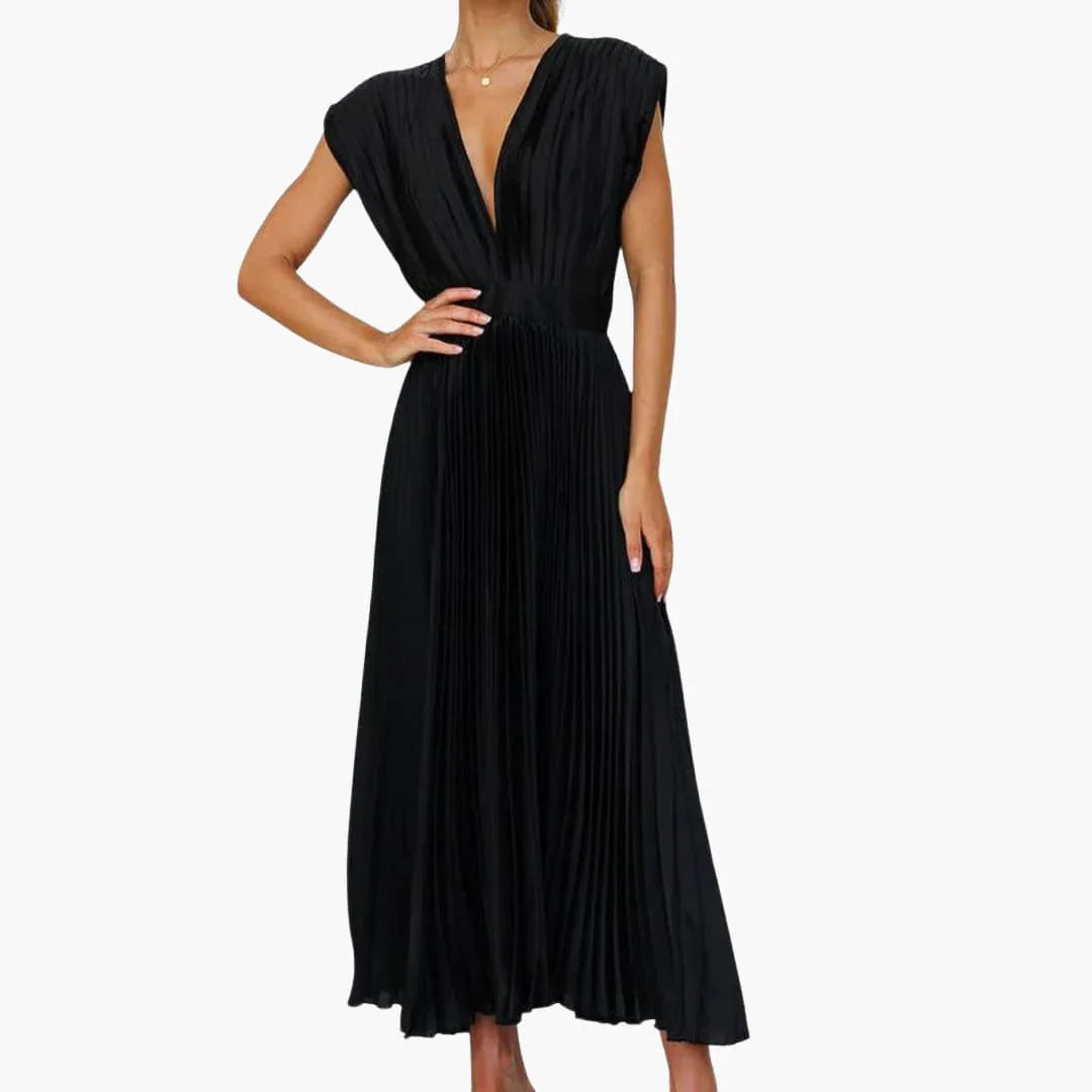 Abigail | Sophisticated Pleated V-Neck Midi Races Dress