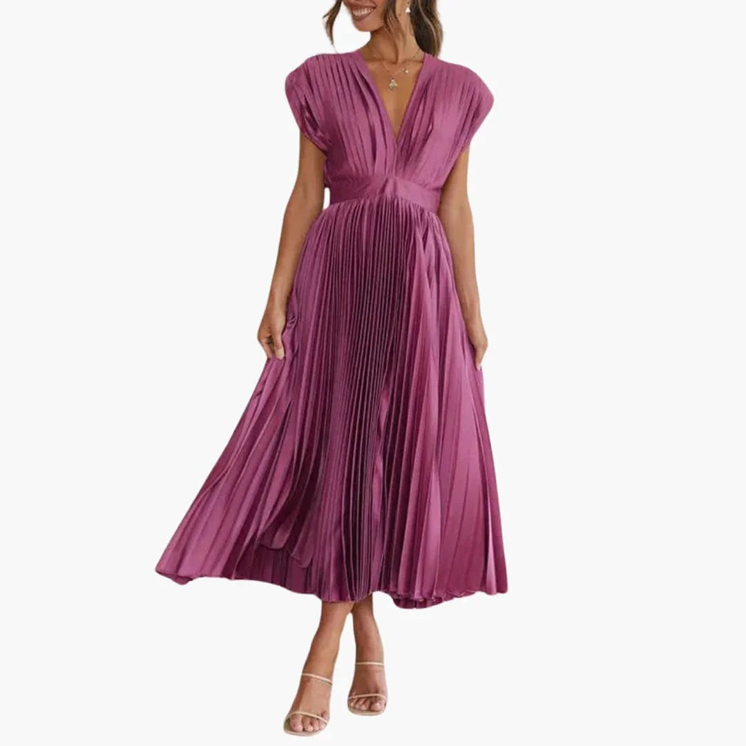 Abigail | Sophisticated Pleated V-Neck Midi Races Dress