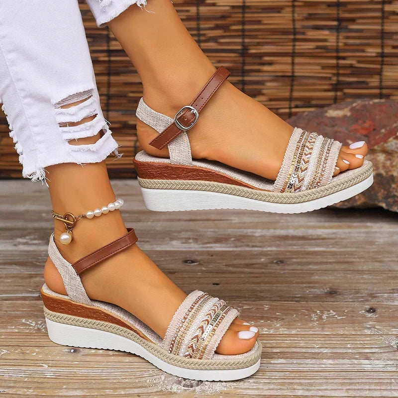 Addison | Chic Beaded Ankle Strap Wedge Sandals