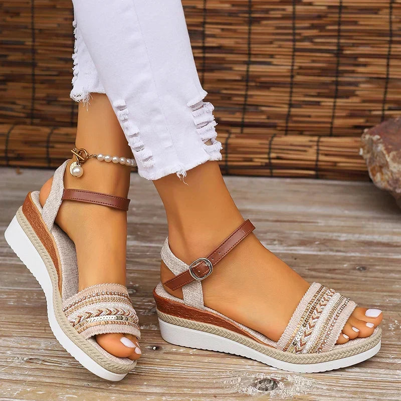 Addison | Chic Beaded Ankle Strap Wedge Sandals