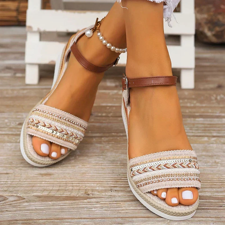 Addison | Chic Beaded Ankle Strap Wedge Sandals