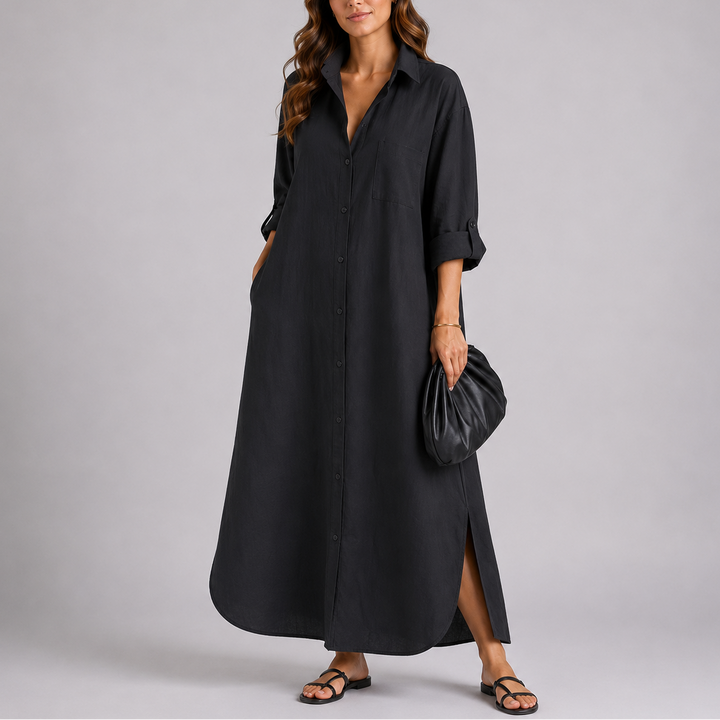 Adeline | Chic Oversized Linen Dress with Shirt Collar and Maxi Length