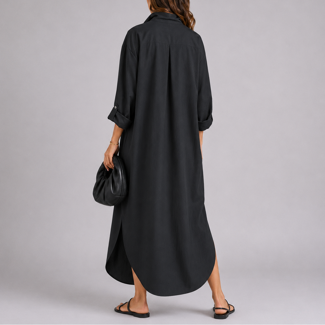 Adeline | Chic Oversized Linen Dress with Shirt Collar and Maxi Length