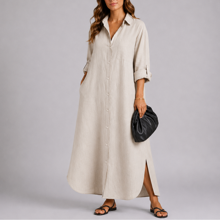 Adeline | Chic Oversized Linen Dress with Shirt Collar and Maxi Length