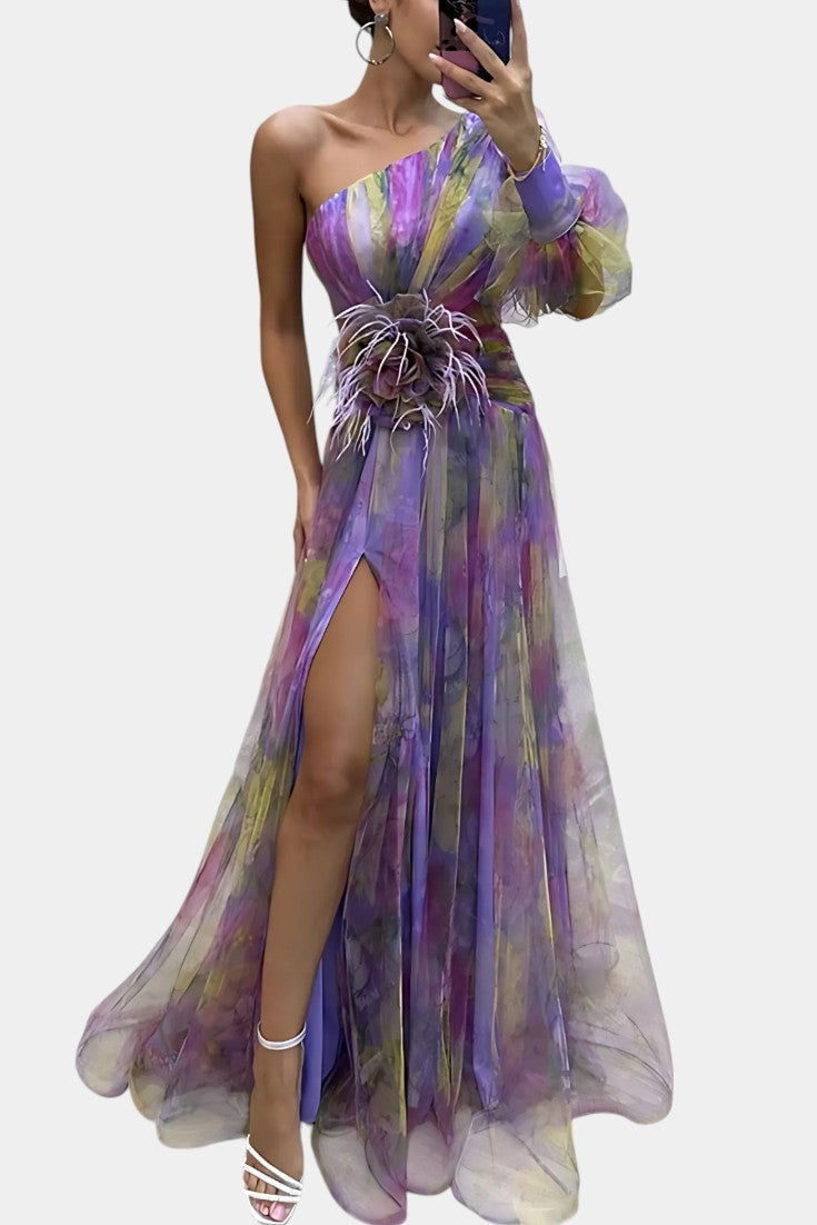 Adeline | Classic One Shoulder Dress with Draped Maxi Skirt