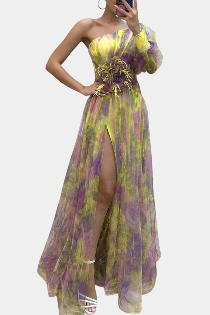Adeline | Classic One Shoulder Dress with Draped Maxi Skirt