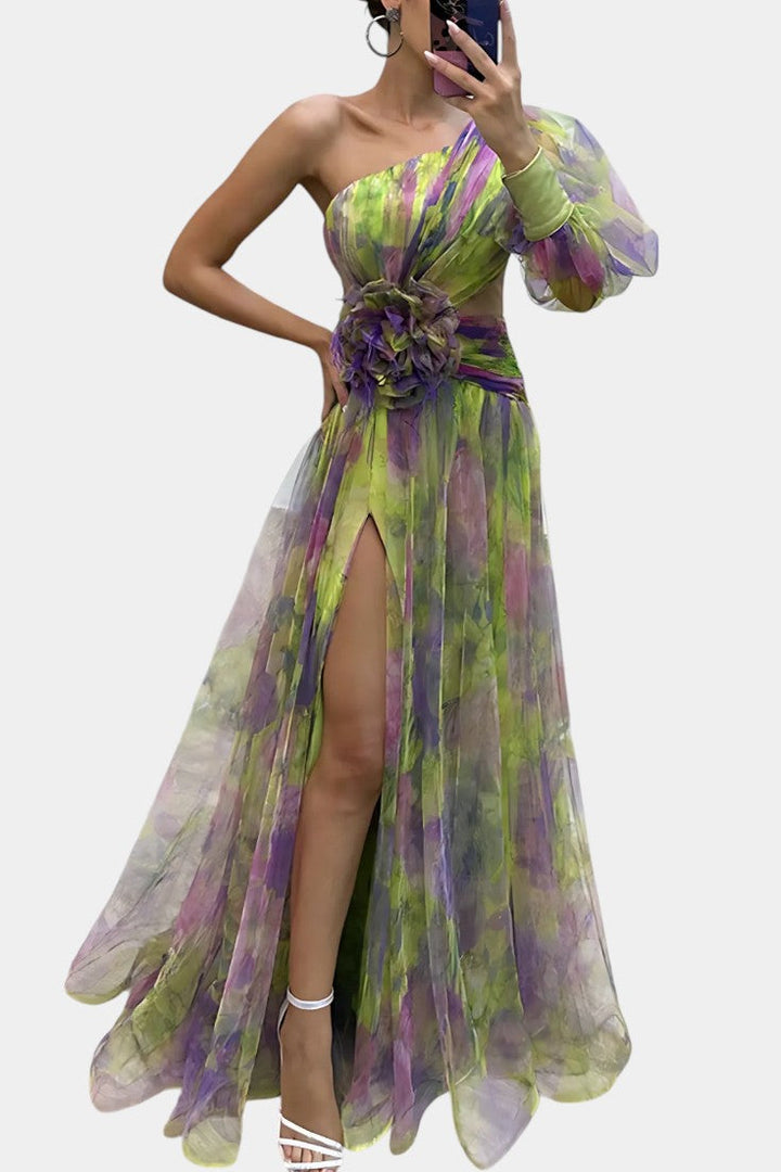 Adeline | Classic One Shoulder Dress with Draped Maxi Skirt