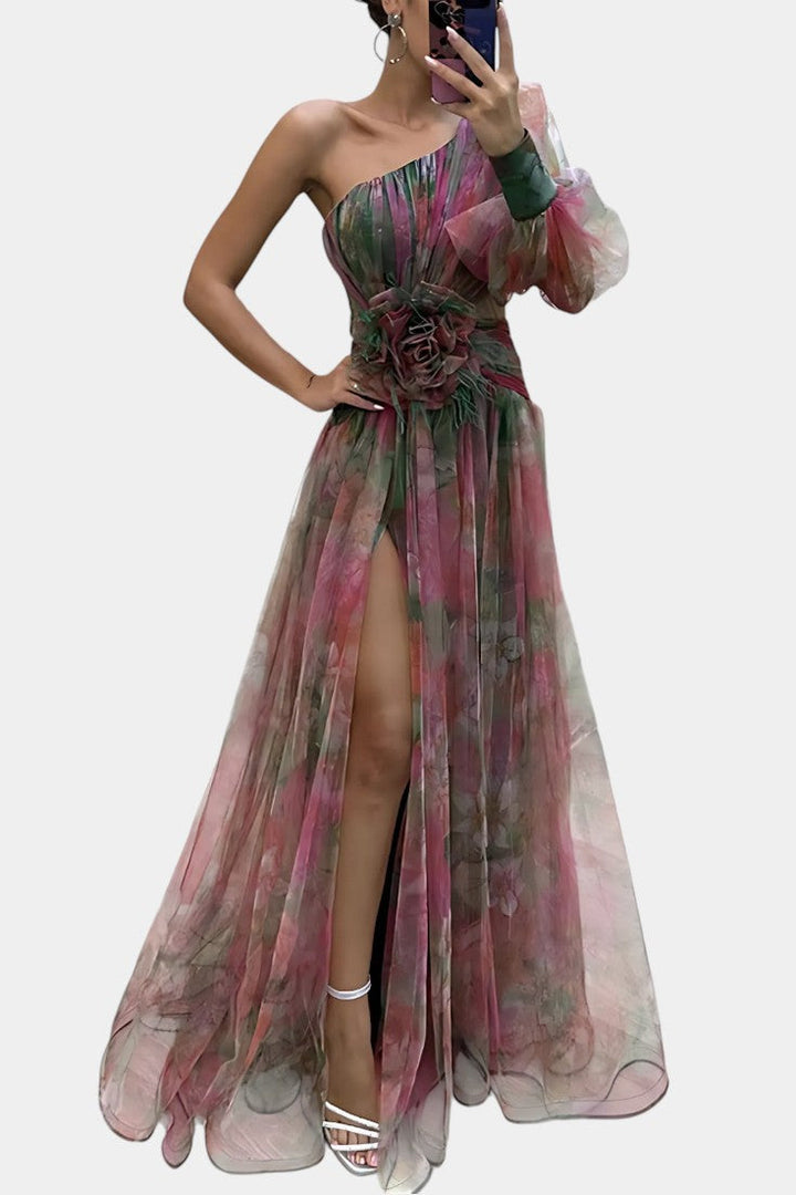 Adeline | Classic One Shoulder Dress with Draped Maxi Skirt