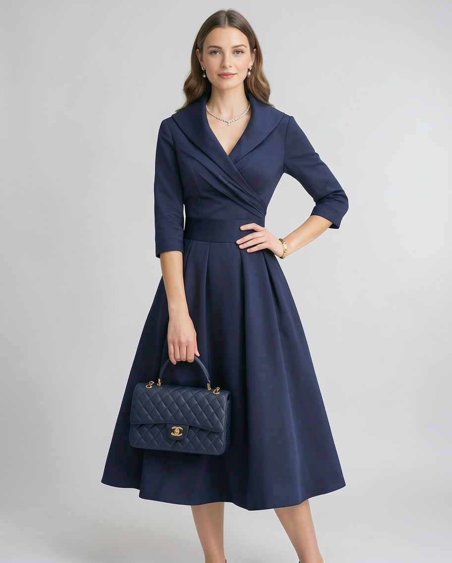 Adeline | Classic Shawl Collar Wrap Cocktail Midi Dress