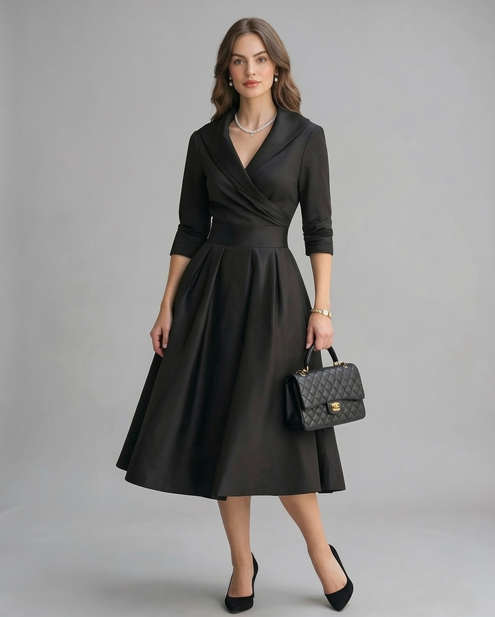 Adeline | Classic Shawl Collar Wrap Cocktail Midi Dress