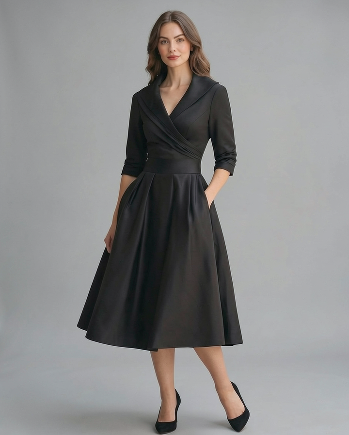 Adeline | Classic Shawl Collar Wrap Cocktail Midi Dress