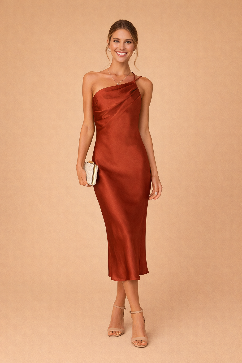 Adeline | Effortless One-Shoulder Satin Cocktail Midi Dress