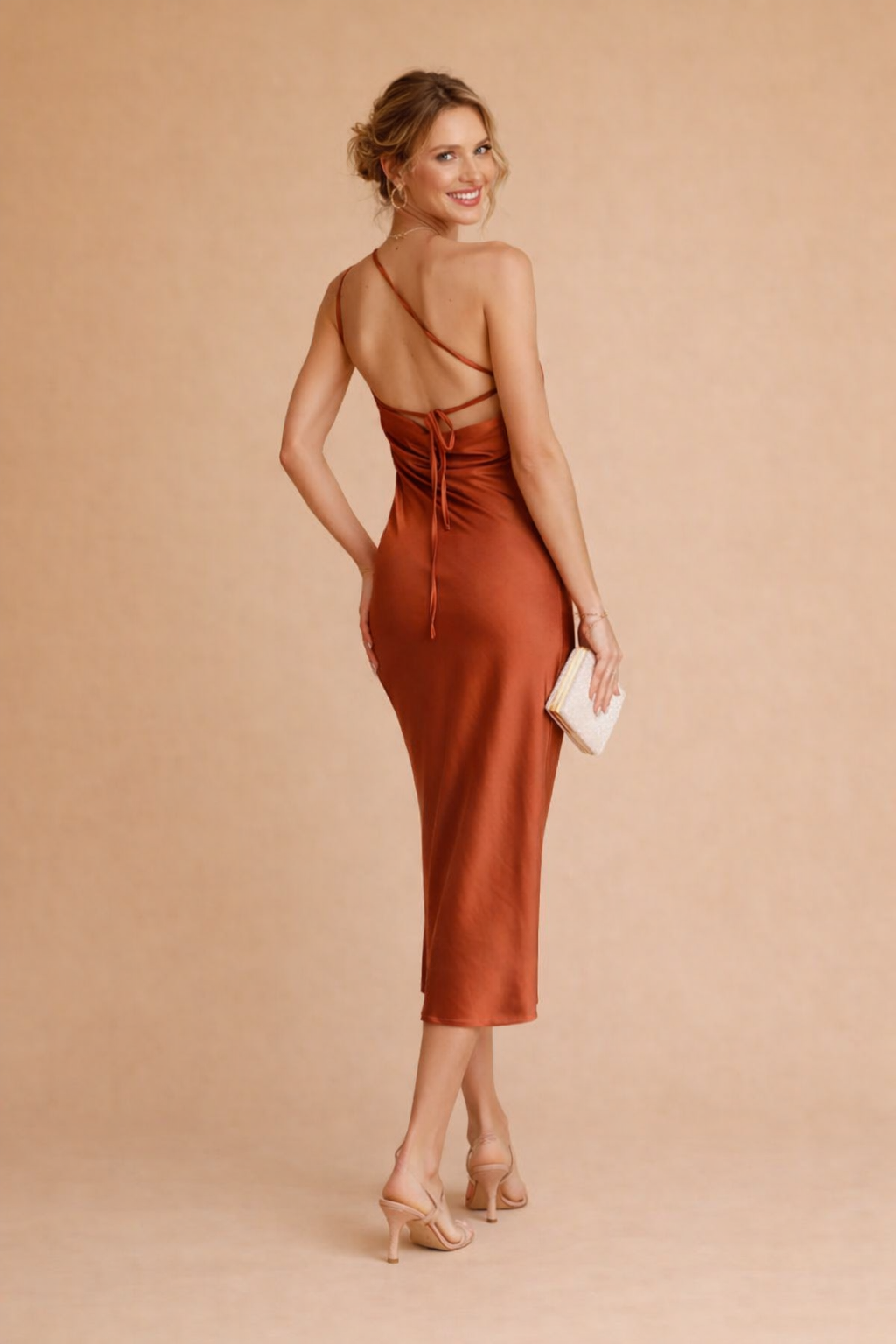 Adeline | Effortless One-Shoulder Satin Cocktail Midi Dress