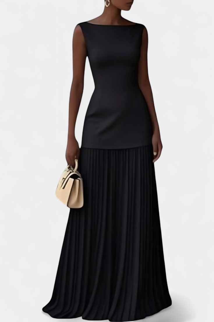 Adeline | Graceful Pleated Formal Dress with Boat Neck Maxi Silhouette