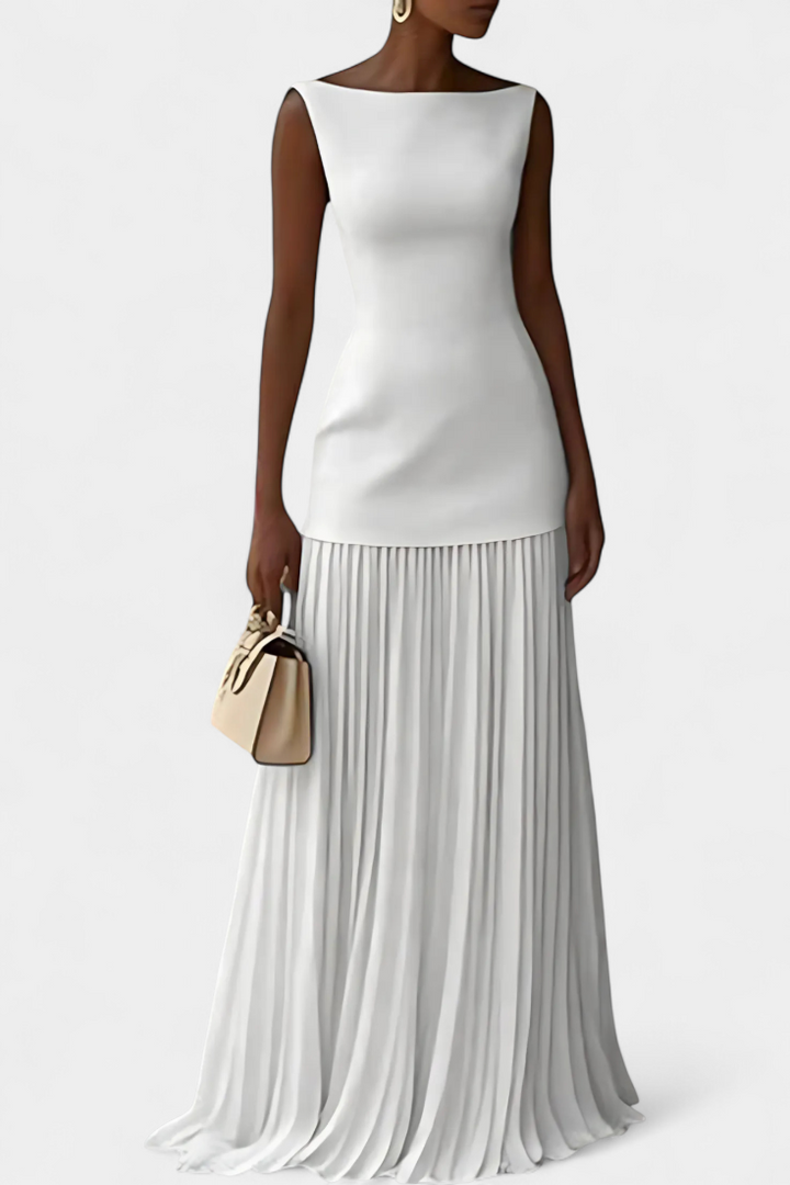 Adeline | Graceful Pleated Formal Dress with Boat Neck Maxi Silhouette