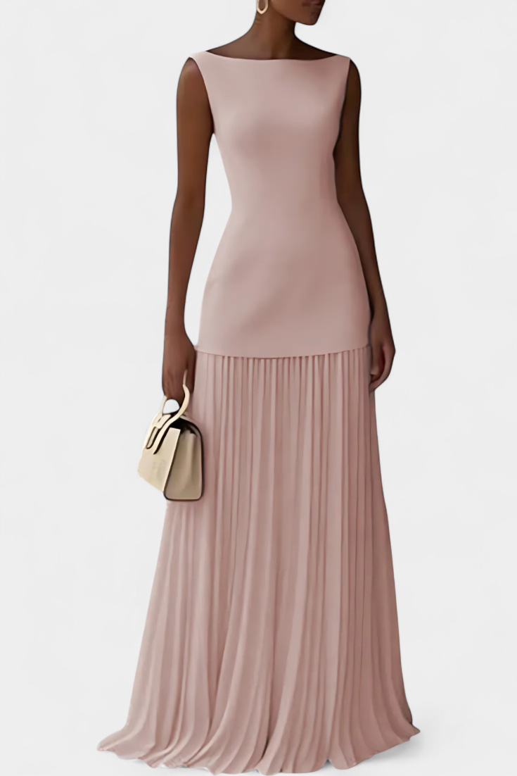 Adeline | Graceful Pleated Formal Dress with Boat Neck Maxi Silhouette
