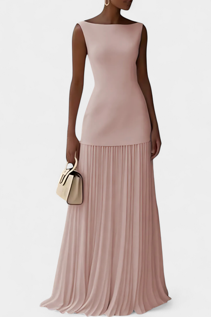 Adeline | Graceful Pleated Formal Dress with Boat Neck Maxi Silhouette