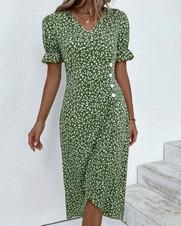 Adeline | Polished Floral Midi Dress with Puff Sleeves