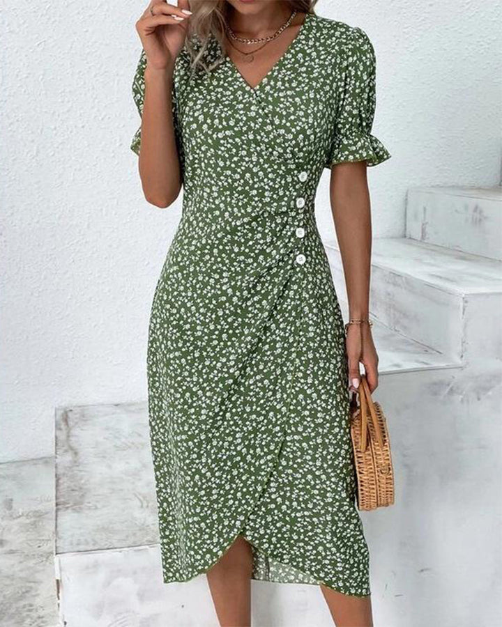 Adeline | Polished Floral Midi Dress with Puff Sleeves