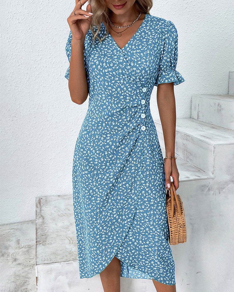 Adeline | Polished Floral Midi Dress with Puff Sleeves