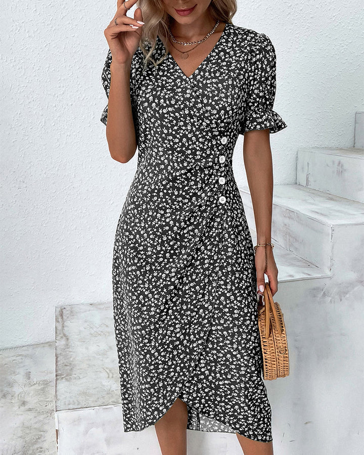 Adeline | Polished Floral Midi Dress with Puff Sleeves